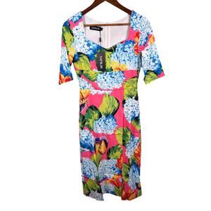Kaimilan‎ Women's Size 2 Colorful Hydrangea Short Sleeve Front Slit Floral Dress
